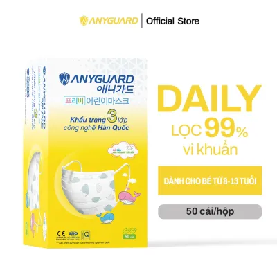 Khẩu Trang Y Tế 3 Lớp Cho Bé Từ 8 -13 Tuổi Kháng Khuẩn 99% Quai Đeo Siêu Mềm Chính Hãng ANYGUARD Hàn Quốc Họa Tiết Cá 50 Chiếc