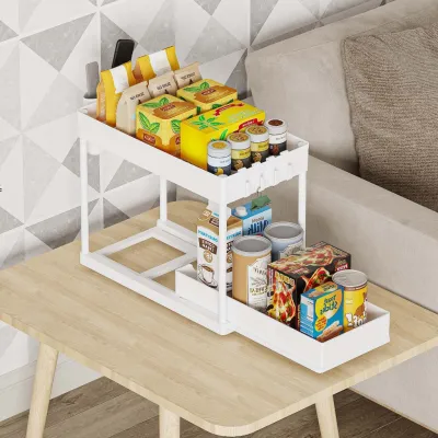 2 Tier Under Sink Cabinet Storage Kitchen Bathroom Sink Organizer with Hooks and Sliding Drawer