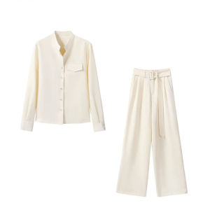 ชุดเซ็ต 3 ชิ้น เสื้อเชิ้ต แขนยาว คอตั้ง/คอปก กระดุมหน้า ผ้าทวีต + กางเกงขากระบอกใหญ่ เอวยางยืด ชุดทำงาน สุภาพ พร้อมเข็มขัด #10136