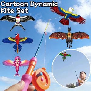 Cartoon Dynamic Kite Set with Rod and 30m Kite Line Handheld Kite Outdoor Flying Toys for Kids