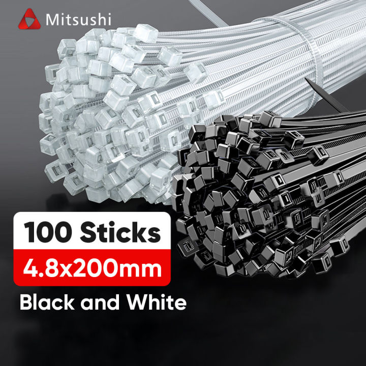 Mitsushi 100pcs Nylon Cable Tie White/Black Self Locking UV Resistance
