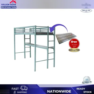 LAILA LOFT BED METAL BEDFRAME SPACE SAVER BED FRAME W/ MATTRESS - WILLION HOME FURNITURE