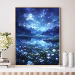 Handmade Diamond Embroidery Floral Firefly Moonlit Lake Art Decor DIY Craft Kit for Home Wall Decoration