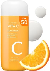 MISSHA All Around Vita C Sunscreen SPF 50/2.36 Fl Oz - Kem chống nắng Hàn Quốc dành cho mặt với Vitamin C giúp làm đều màu da nhẹ nhàng không gây bết dính kiểm soát dầu thừa.