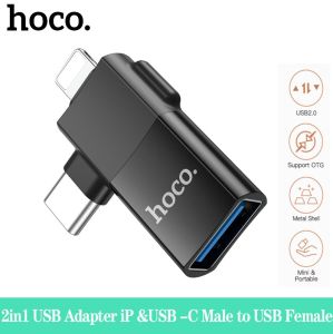 HOCO UA17 2in1 USB Adapter i*Ph &Type-C Male to USB2.0 Female Mini Portable OTG Adapter Converter Support Charging and Data Transfer
