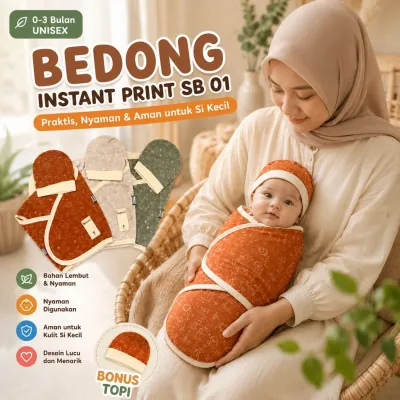 Bedong Instan Bayi Print Premium + Topi | Bedong Perekat Newborn 0-3 Bulan | Bedong Bayi Praktis Lembut Nyaman Anti Ribet