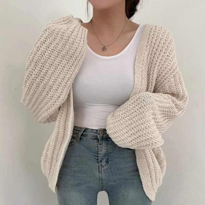 Puff Sleeve Knitted Cardigan Sweater Coat Women 2023 New Long