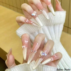 [SG Stock] Handmade Press On Nails Long Stiletto Luxury Diamond Glitter Ins Fake Nails Kit 10pcs XS S M