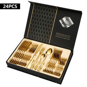 High Quality Not Fade 24 Piece 304 Stainless Steel Cutlery Set Tableware With Black Paper Gift Box Stainless Knife Spoon and Fork Set stainless cutlery set Flatware Gift Boxed Dinnerware Knife Fork Spoon Tableware Golden Spoon & Pork Set