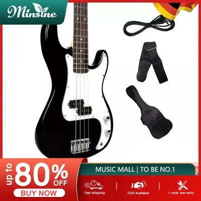 MINSINE Bass Guitar Full Size 4 String Exquisite Stylish Bass with Power Line and Wrench Tool Natural Wood Color Electric Bass Guitar