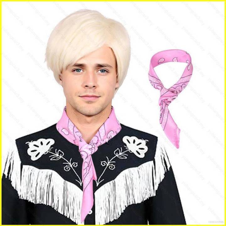 NEW 2023 Barbie Ken Cosplay Wig and Pink Kerchief Halloween Decor