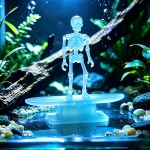 OUTOPEN 3D Printed Surfing Dancing Skeleton Aquarium Bubbler Air Pump Powered Glow-In-Dark Skateboard Fish Tank Dance Skull Bubbler Funny Realistic Skeleton Tank Ornament Halloween Party