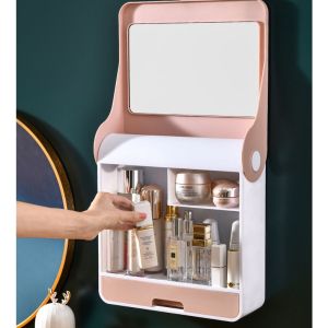 Cosmetics storage box with mirror integrated large-capacity finishing box skin care product rack