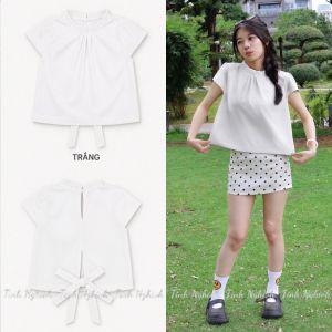 Áo công sở nữ chất Thô Ướt - Thiết kế cổ tròn xếp ly thắt nơ sau cài nút khoét giọt nước