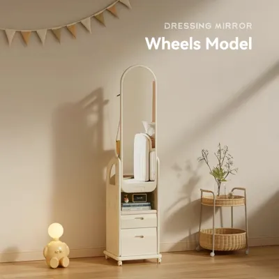 Rotatable Full-Length Mirror Hanger with Storage Drawer Household storage cabinet with wheels