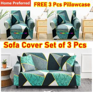 Sofa Cover 3 Seater and 2 Single Set Green Geometry Design Sofa Cover Set of 3 Pcs Stretchable Universal Seat Cover Home Decor living Room Free 3 Pcs Pillowcase
