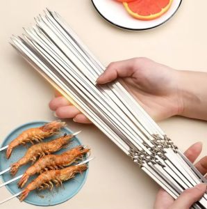 10pcs Barbecue Skewers Reusable Stainless Steel Skewer Kebab BBQ Camping Grill Flat Forks Outdoor Bbq Accessories BBQ Sticks