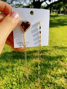 Korean 925 Silver Red Heart Long Chain Stud Earring
