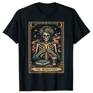 The Introvert Skeleton Card Coffee Book Lover Streetwear T-Shirt Humor Tee Loose Fit Clothing for Men and Women Short Sleeve