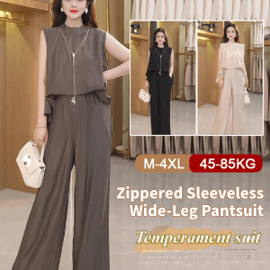 Zippered Sleeveless Wide-Leg Pantsuit For Women Plain Basic Round Neck Vest Loose Pants Two-Piece Suit