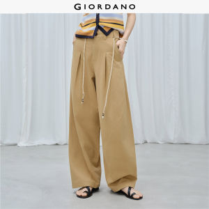 Giordano Women Box pleats forward seam wide leg cotton pants Free Shipping 18416609