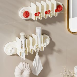 MEZCJ Adjustable Baffle Toothpaste Storage Holder Large Capacity Suction Cup Wall Mounted Storage Rack Multifunctional with Hooks Facial Cleanser Clip Bathroom