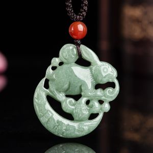 翡翠兔子生肖兔吊坠冰种玉兔玉石男女款挂件挂饰礼品 Ethan011 Natural Burma A grade goods jadeite rabbit zodiac pendant to attract wealth icy jade mens necklace womens pendant jade pendant DW32