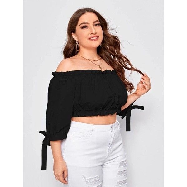 Sylvia PLUS SIZE Frill Detail Off Shoulder Knot Sleeve Crop Top 31041#