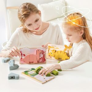 ONFIN Lacing Toys Wooden Block Toys Montessori Dinosaur Dinosaur Threading Toy Brain Teaser Colorful Fine Motor Skill Toys Family Playing