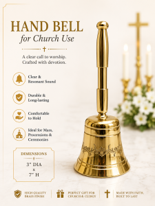 Church Hand Bell - Solid Brass Altar Bell for Mass Prayer and Liturgical Ceremonies (7" Height 3" Diameter) | Clear & Resonant Sound | Comfortable Grip