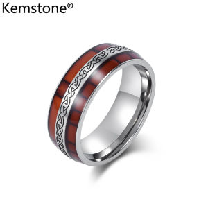 Kemstone Celtic Knot Stainless Steel Ring with Wood Grain Inlay – Vintage Style Band