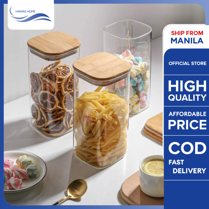 Hawaii Home Square Canister Glass Kitchen Canister with Airtight Bamboo Lid Glass Storage Jar