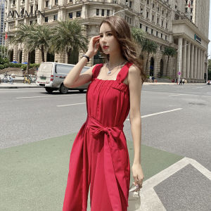 Ammin 2023 Mới Mùa Hè phong cách Hàn Quốc Lớn Màu Đỏ quai thả Eo Quần Legging rộng Voan Mỏng Không Tay Off-The-Vai Thiết Kế Treo Chín Điểm Jumpsuit