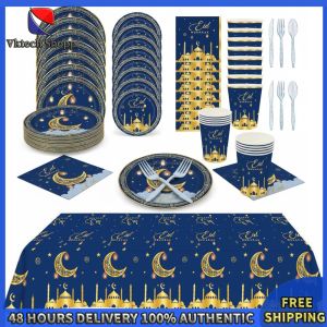 Vktech Ramadan Eid Mubarak Party Set for 16 Guests Complete Tableware with Plates Cups Napkins and Tablecloth for Holiday Celebration