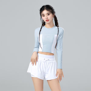 ชุดว่ายน้ําหญิง ชุดว่ายน้ํากีฬา ชุดว่ายน้ำ เสื้อแขนยาว ผ้ามืออาชีพ  อนุรักษ์นิยมเอวสูง 19757