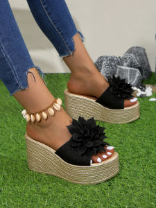 [Free Shipping] Thick-Soled Sandals Wedge Heels Fashionable Summer New Korean-Style Slippers Outdoor Wear Large Size Platform Sole With A Bow