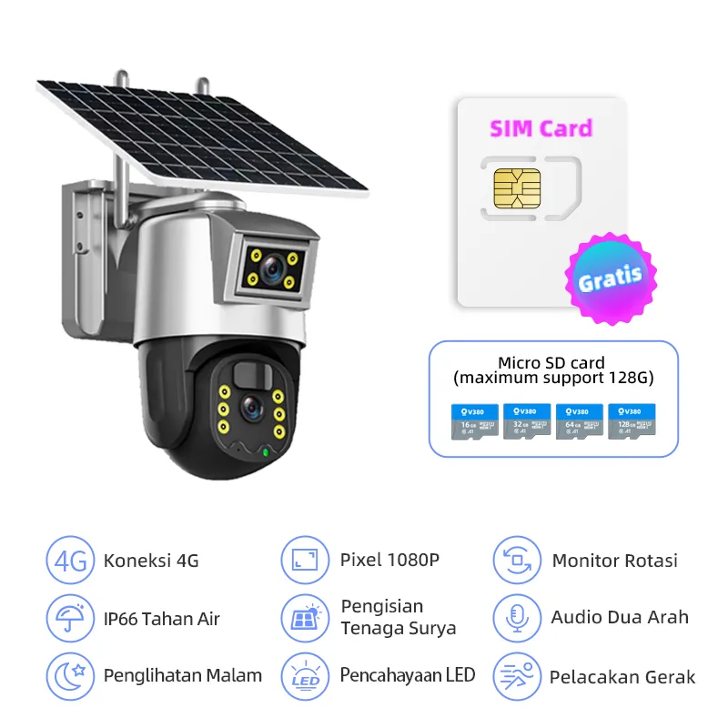 V380 G5A Dual Lens Solar CCTV 4G SIM Card IP66 Waterproof Battery