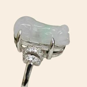 Crafted as Pixiu on Lavender with Green Natural Type A Jadeite Jade set on S925 as adjustable Ring certificate (s925ring28)