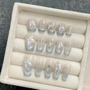 【HANDMADE】Artificial Nail French Cats Eye Butterfly with Diamonds Fake Nail Set With Glue Reusable and Removable Press on nails
