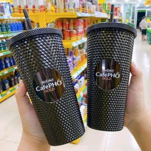 Ly Cốc Vân Kim Cương Vàng Gold Cafe Phố 710ml 2 Lớp Cách Nhiệt Nhẹ Có Ống Hút Nắp Đậy