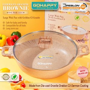 Wok 32cm Greblon Panci Gohappy Germany Granite Teflon WAJAN Tebal Marbel Coating +Tutup Kaca - ORIGINAL GO HAPPY