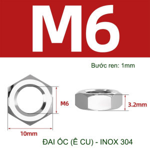 Đai ốc (Ê cu) mỏng bằng inox 304 loại M6-M8-M10-M12 tùy chọn (bộ 5-10 cái)
