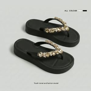 [Free Shipping] Soft-Soled Comfortable Vacation Flip-Flops 2026 New Model With Large Rhinestones Black WomenS Summer Outdoor Flip-Flops