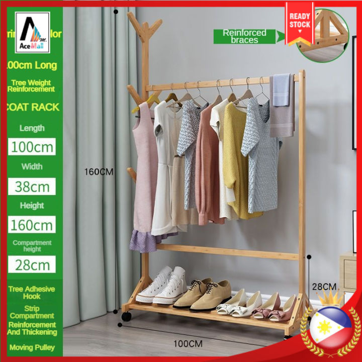 Bamboo Clothes Hanging Rack Stand 60/80/100CM [Local Philippines Stock]  Natural Movable Wooden Coat Hanger With Wheels and Multiple Hooks Lazada  PH