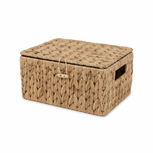 MODERNLUX Water Hyacinth Wicker Storage Basket Built-In Handle Rectangular Lidded Storage Basket  Button Closure Organizer Bin Drawer Shelf Desktop Clothing