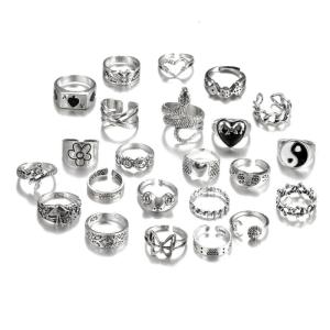 Set of 24 Y2K Gothic Silver Ring Set Elegant Grunge Rings Collection Including Flower And Butterfly for Women