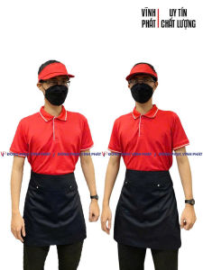 Trọn bộ đồng phục tạp dề ĐEN Áo thun polo màu đỏ viền + Nón kết nửa đầu + Tạp dề ngắn đen vải kaki | Hàng đẹp