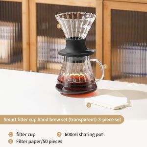BINCOO Hand Brew Smart Mug Coffee Pot Set Coffee Utensils V60 Glass Coffee Filters for Household and Office 600ML
