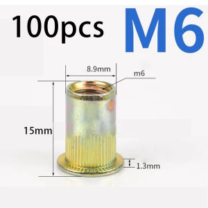 100pcs M6 Flat Nut Rivet Nut Rivnut Kuning Besi Carbon Steel Nutsert Mur Tanam Furniture Knockdown