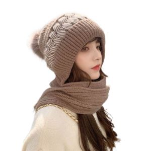 WAYCAI Knitted Integrated Cap Scarf Windproof Thickening Ear Protection Cap Winter Warm Beanie Hat Scarf Women
